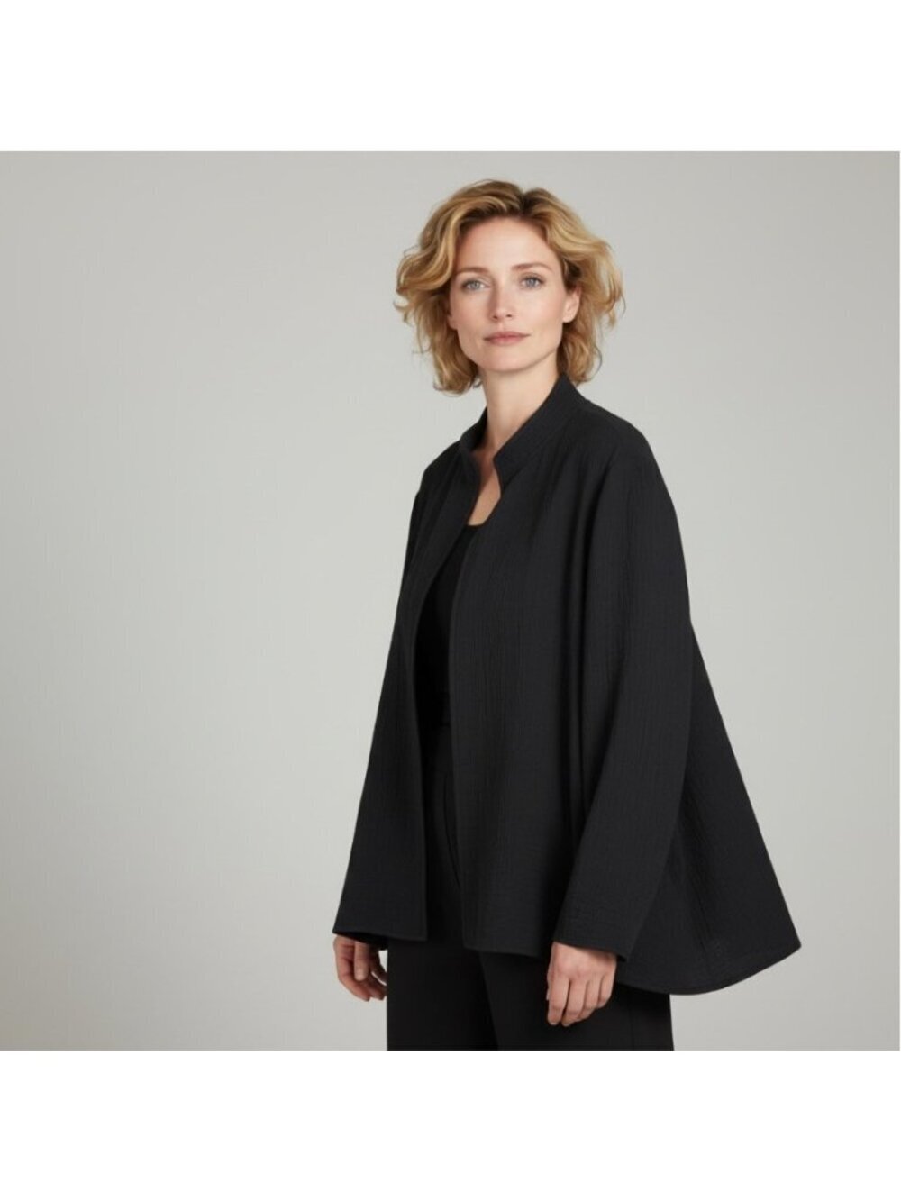 Eileen Fisher Black Silk Sponge Jacket Open Front Minimalist Size Small